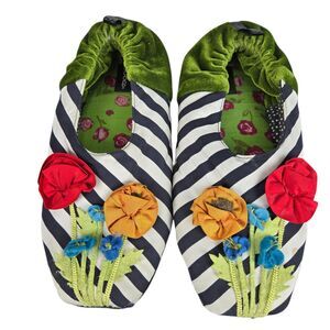 Goody Bon Bon Slippers Sz M Flowers Striped Black White Green Velvet Fairycore